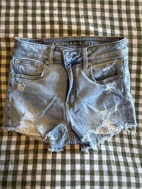 American Eagle Outfitters Light Wash Distressed Denim Lace-Trim Shorts